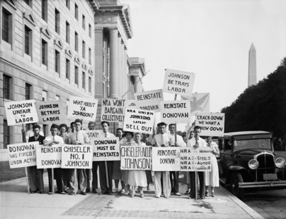 Protestors with Signs against Hugh S. Johnson, Head of National Recovery Administration (NRA), for his Firing of NRA Union President John Donovan, Washington DC, USA, Harris & Ewing, June 1934