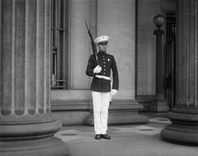 U.S. Marine Standing Guard at U.S. Treasury During Ku Klux Klan Parade, Washington DC, USA, Harris & Ewing, 1925