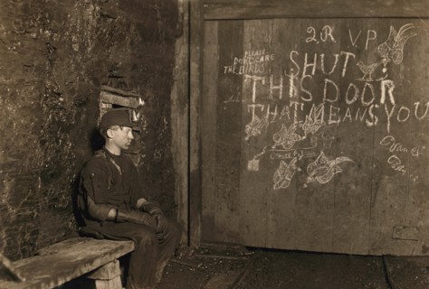 Portrait of 15-year Old Boy Working as Trapper at Coal Mine, His only Job is to Open and Close the Door, West Virginia, USA, Lewis Hine, 1908