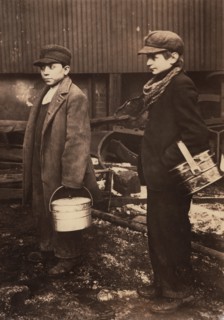 Two Boys Going to Work at 5pm, Sheeny Joe's Glass House, Pittsburgh, Pennsylvania, USA, Lewis Hine, 1913