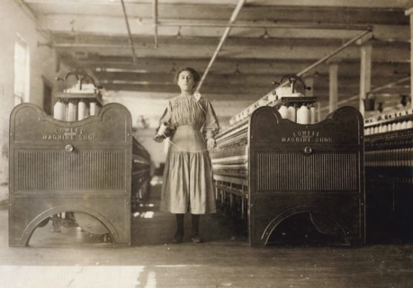 Young Teen Spinner Working in Textile Mill, Winchendon, Massachusetts, USA, Lewis Hine, 1911