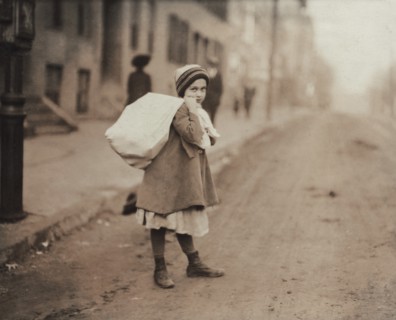 Young Girl Carrying Sack of Hosiery Supporters Home after Leaving Work and Before she Goes off to School, Worcester, Massachusetts, USA, Lewis Hine, 1912