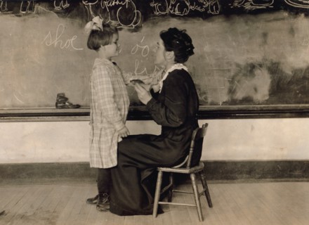 Woman Teaching Young Deaf Girl To Talk, Training School for Deaf Mutes, Sulphur, Oklahoma, USA, Lewis Hine, 1917