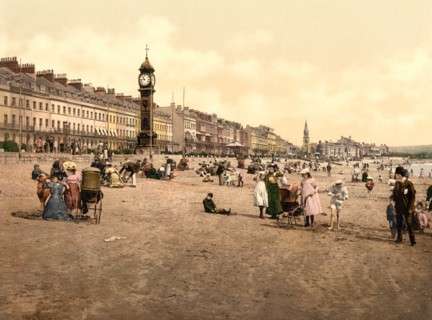 Jubilee Clock Tower and Beach, Weymouth, England, Photochrome Print, Detroit Publishing Company, 1900