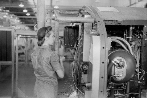 Female Worker Installing Electric Wiring in Fuselage, Vultee Aircraft Company, Nashville, Tennessee, USA, Jack Delano for Office of War Information, August 1942
