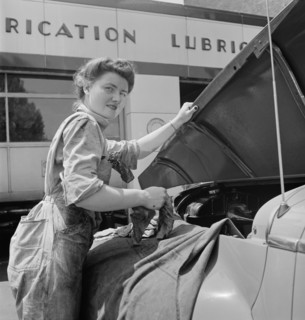 Miss Frances Heisler, a Garage Attendant at the Atlantic Refining Company Garages, Philadelphia, Pennsylvania, USA, Jack Delano for Office of War Information, June 1943