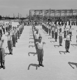 Enlisted Men Going Through Calisthenics Routine, Air Service Command, Daniel Field, Georgia, USA, Jack Delano for Office of War Information, July 1943