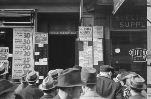 Men Waiting outside Employment Agency, Sixth Avenue, New York City, New York, USA, Arthur Rothstein for Farm Security Administration, December 1937