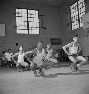 Boys Exercising in Gym Class, Armstrong Technical High School, Washington DC, USA, Marjorie Collins for Farm Security Administration, March 1942