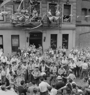 Dancing and Music on Mott Street at Flag Raising Ceremony in Honor of Neighborhood Boys in the U.S. Army, New York City, New York, USA, Marjorie Collins for Office of War Information, August 1942