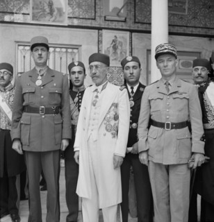 General Charles de Gaulle, Bey of Tunis and General Charles Mast in Courtyard of Bey's Summer Palace, Carthage, Tunisia, Marjorie Collins for Office of War Information, June 1943