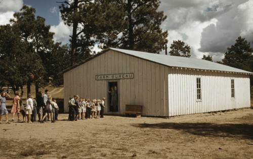 Children Waiting to Enter School in Farm Bureau Building, Pie Town, New Mexico, USA, Russell Lee, October 1940