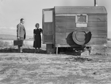 Doctor and Nurse Visiting Sick Child in Mobile Home at Farm Security Administration (FSA) Mobile Camp, Merrill, Klamath, County, Oregon, USA, Dorothea Lange for Farm Security Administration, October 1...