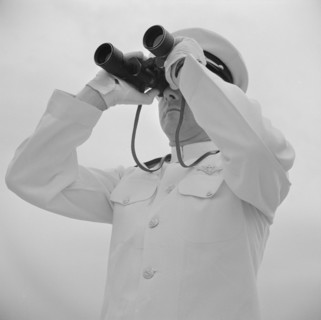 Naval Officer Looking Through Binoculars, Anacostia, Washington DC, USA, John Collier for Office of War Information, August 1941