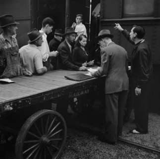 People Boarding Train for Batavia, New York, where they will help with Harvest, Richwood, West Virginia, USA, John Collier for Farm Security Administration, September 1942