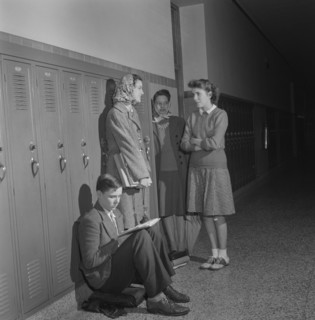 Group of High School Students Talking at Lockers, Washington DC, USA, Esther Bubley for Office of War Information, October 1943
