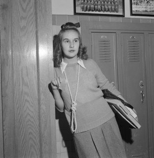 Teenage Girl Wearing Sweater and Long Bead Necklace, Woodrow Wilson High School, Washington DC, USA, Esther Bubley for Office of War Information, October 1943