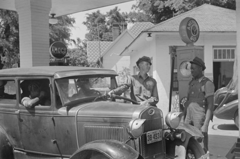 Gas Station Attendant Filling Car with Gasoline, Atlanta, Georgia, USA, Marion Post Wolcott for Farm Security Administration, June 1939