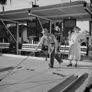 Elderly Couple Playing Shuffleboard, Sarasota Trailer Park, Sarasota, Florida, USA, Marion Post Wolcott for Farm Security Administration, January 1941