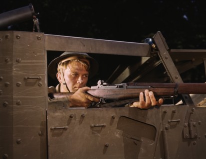 Halftrack Infantryman with Garland Rifle in Training, Fort Knox, Kentucky, USA, Alfred T. Palmer for Office of War Information, June 1942