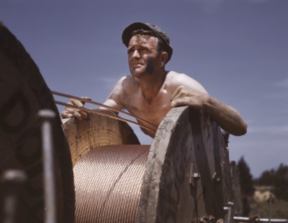 Construction Worker Performing Important War Service by Helping to Build Electric Power Line from Hydroelectric Plant in Louisville to Fort Knox to Supplement Existing Power Supply, Kentucky, USA, Alf...