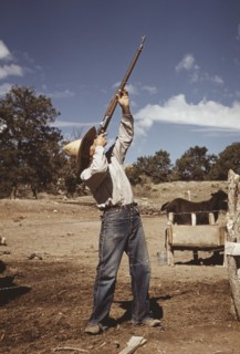Homesteader Shooting at Hawks, Pie Town, New Mexico, USA, Lee Russell for Farm Security Administration, October 1940