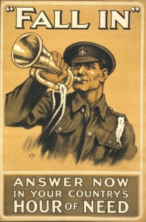 Soldier Blowing Bugle, "Fall In, Answer Now in your Country's Hour of Need", British WWI Poster, Printed by Hill, Sifkin & Company, London, England, UK, 1915