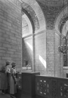 Two Women in Shadow on Rotunda Balcony, State Capitol Building, Lincoln, Nebraska, USA, by Samuel H. Gottscho, June 1934