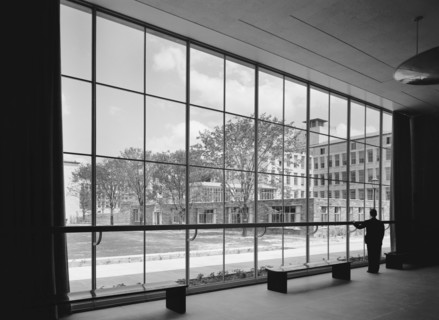 Man Looking Through Large Window in Acoustics Foyer, Bell Telephone Laboratories, Murray Hill, New Jersey, USA, Gottscho-Schleisner Collection, May 1942