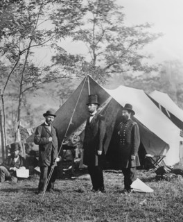 Allan Pinkerton, U.S. President Lincoln, and Major General John A. McClernand, Portrait, Antietam, Maryland, USA, by Alexander Gardner, October 1862