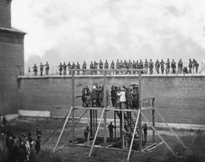 Adjusting Ropes on Scaffold of Conspirators of Assassination of U.S. President, Abraham Lincoln, Arsenal Prison, Washington, DC, USA, by Alexander Gardner, July 7, 1865