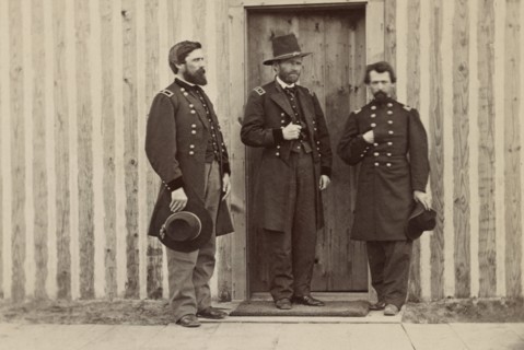 General John A. Rawlins, left, General Ulysses S. Grant, center, and Unidentified Officer, Portrait, 1861