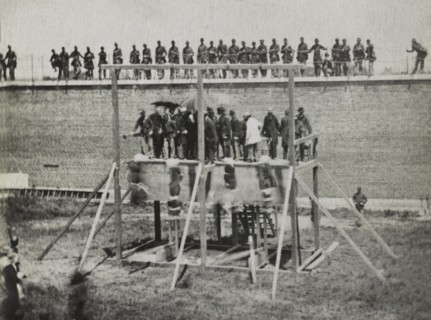 Hanging of Conspirators of Assassination of U.S. President, Abraham Lincoln, Arsenal Prison, Washington, DC, USA, by Alexander Gardner, July 7, 1865