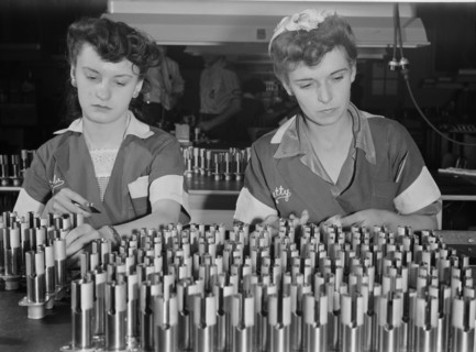 Two Female Workers Inspecting Airplane Motor Parts during World War II, USA, Ann Rosener for Office of War Information, August 1942
