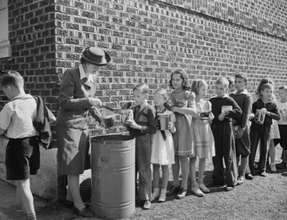 Schoolchildren Contributing to War Effort by Handing in Collected Fat and Grease, which will then be sent to Rendering Plant to extract Glycerin, Roanoke, Virginia, USA, Valentino Sarra, Office of War...
