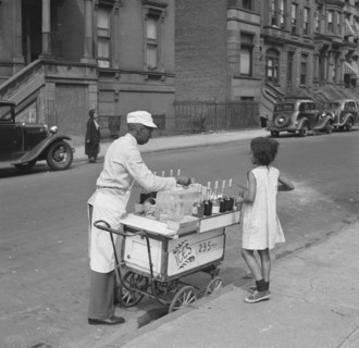 Street Vendor Selling Shaved Ice to Young Girl, New York City, New York, USA, Jack Allison, Office of War Information, July 1938