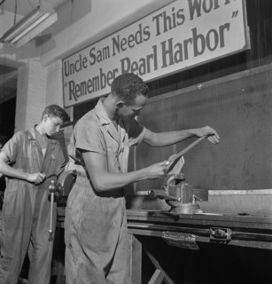 Two Bench Workers Receiving Training in Machine Shop Practice, National Youth Administration Work Center, Brooklyn, New York, USA, Fritz Henle for Office of War Information, August 1942