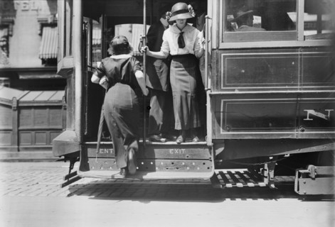 Two Women on Trolley Car, Broadway, New York City, New York, USA, Bain News Service, 1915