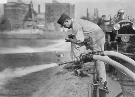 Fireman Testing Fire Engine, New York City, New York, USA, Bain News Service, September 1913