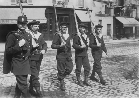 Naval Recruits with Police Officer at Start of World War I, Paris, France, Bain News Service, 1914