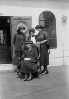 Physicist Marie Curie (seated) with her daughters Irene and Eve, and Mrs. William B. Maloney (center), on RMS OIympic, Arriving in New York City, New York, USA, to Raise Funds for Radium Research, Bai...