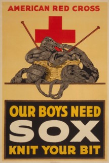 Basket of Wool and Knitting Needles, "American Red Cross, Our Boys Need Sox, Knit your Bits", World War I Poster, USA, 1918