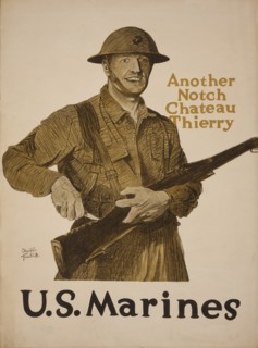 Marine Carving Notch in Rifle, "Another Notch, Chateau Thierry", U.S. Marines, World War I Recruitment Poster, by Adolph Treidler, USA, 1917