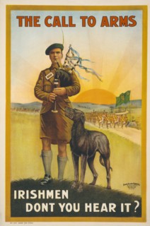 Soldier Playing Bagpipes, "The Call to Arms, Irishmen Don't you Hear it?", World War I Recruitment Poster, United Kingdom, 1915