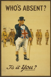 John Bull with Burning Buildings and Line of Soldiers in Background, "Who's Absent? Is it You?", World War I Recruitment Poster, United Kingdom, 1915