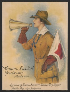 Woman in Uniform Holding Megaphone and Flag, "Women Awake! Your Country Needs You, Learn to be of National Service - Join the Navy League", World War I Recruitment Poster, by Hazel Roberts, 1916