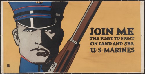 Close-Up Portrait of Marine with Rifle, "Join Me, the First to Fight on Land and Sea, U.S. Marines", World War I Recruitment Poster, by Artist John A. Coughlin, 1917