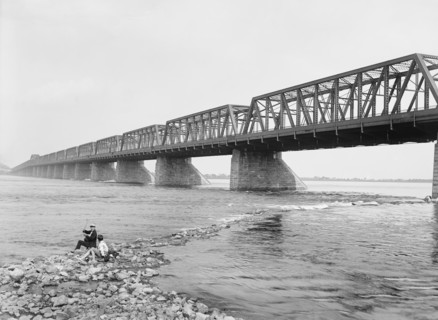 Two People Fishing near Victoria Jubilee Bridge, Montreal, Quebec, Canada, Detroit Publishing Company, 1900