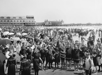 Crowd with Hands up on Beach, Atlantic City, New Jersey, USA, Detroit Publishing Company, 1910