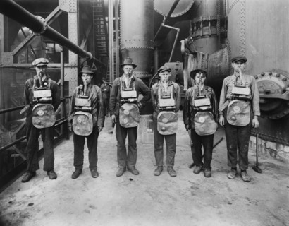 Men Wearing Gas Masks Standing in Industrial Building, Detroit Publishing Company, 1920